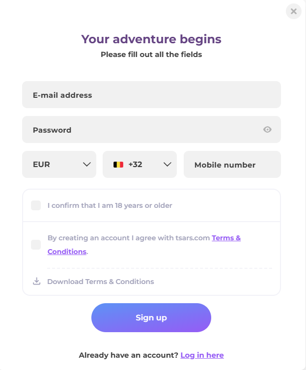 Tsars Casino Register