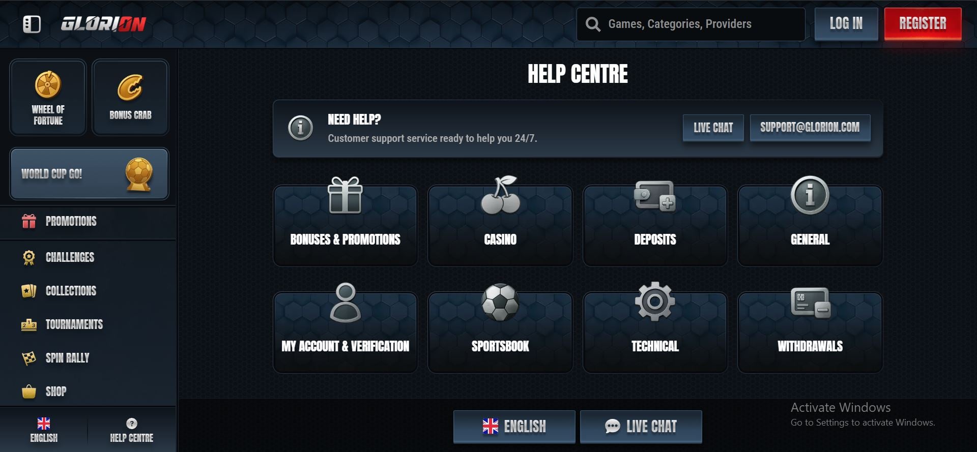 glorion casino help centre